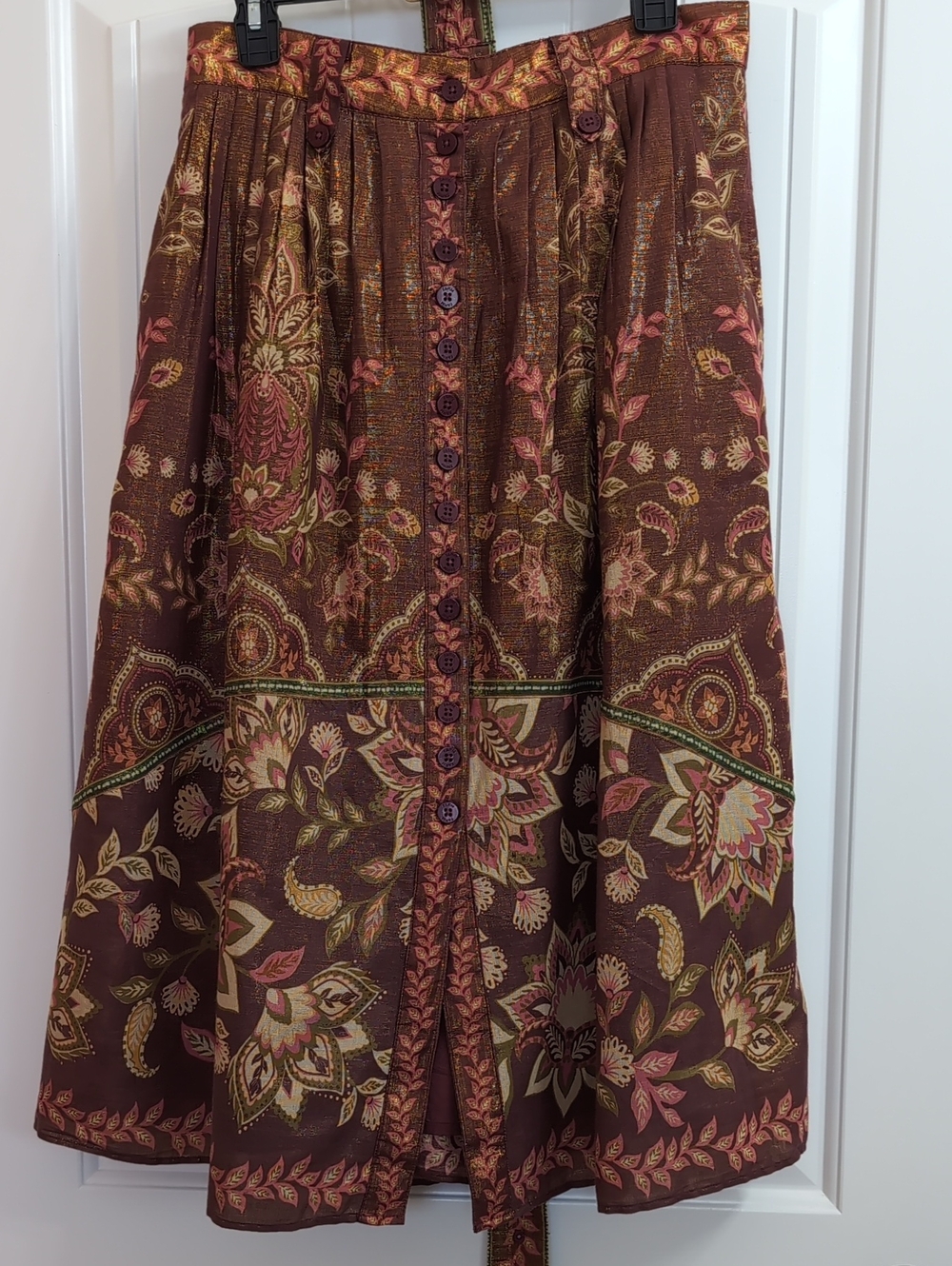 FARM Rio Brown Floral A-Line Skirt with Pink and Gold Accents